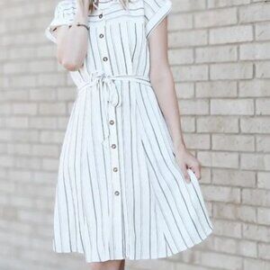 Calvin Klein Short Sleeved Linen Stripped Summer Dress - Size 14